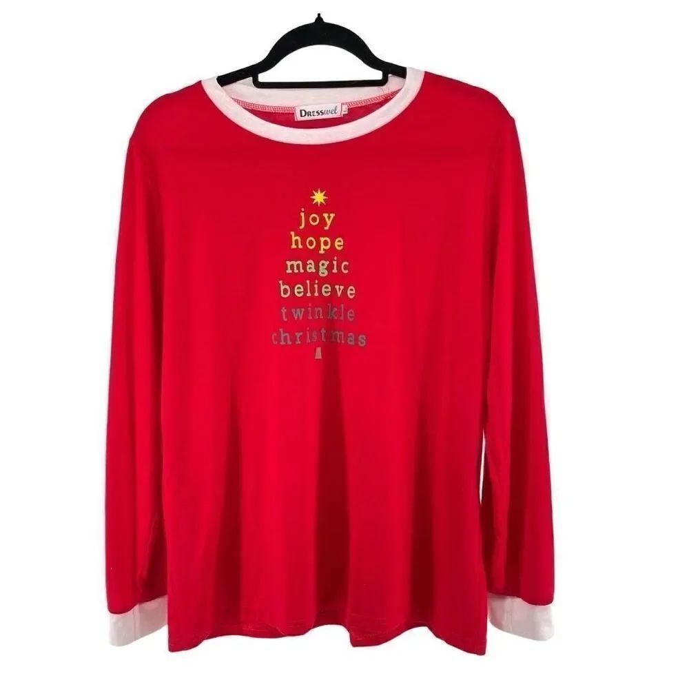 Dresswel Red Joy Hope Magic Believe Twinkle Christmas Long Sleeve Pajama Top L
